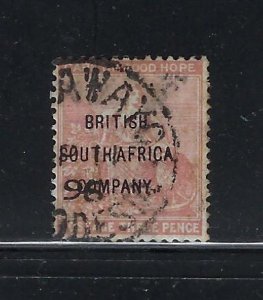 RHODESIA SCOTT #49 1896 CAPE OF GOOD HOPE OVERPRINT 3C (CLARET) -USED (BULAWAYO)