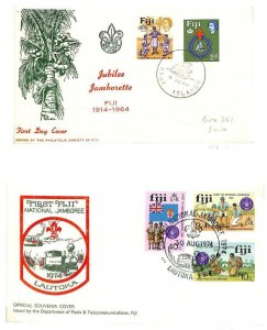 FIJI BOY SCOUTS SCOTT #206-07 & 351-53 STAMP SETS ON FIRST DAY COVERS FDC