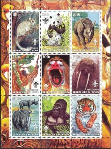 Benin 2003 animals Monkeys Tigers Rhinoceros Panda Sheet of 9 MNH Private