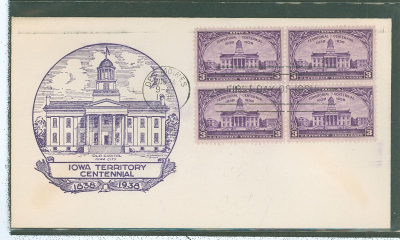 US 838 1938 iowa territory centennial, block of 4, on an addressed, erased first day cover with a purcell cachet, first cachet