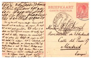 Netherlands 10c Wilhelmina Postal Card 1927 Bilthoven to Madrid, Spain.