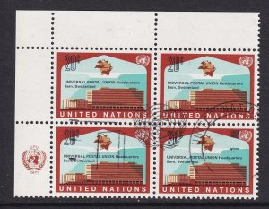 United Nations New York #219 cancelled 1971 UPU headquarters block of 4