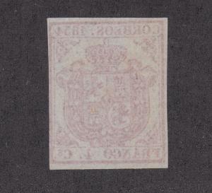 Spain Sc 25 MNG. 1854 4c carmine Coat of Arms, 4 margins, almost VF