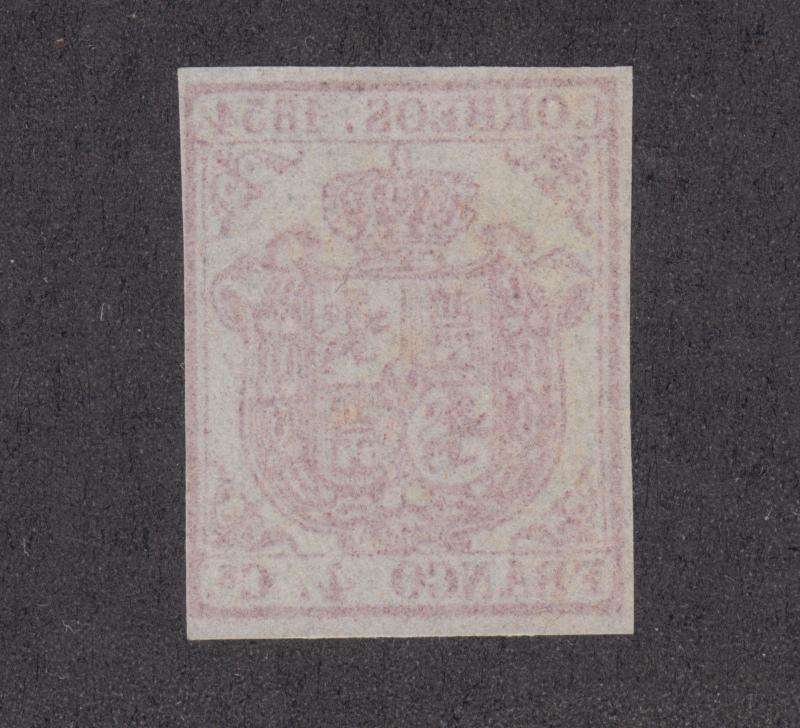 Spain Sc 25 MNG. 1854 4c carmine Coat of Arms, 4 margins, almost VF