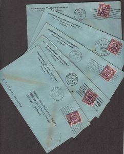 1940 late use Sc 600 3c perf 10 vertical coil, lot of 5 different covers (BC