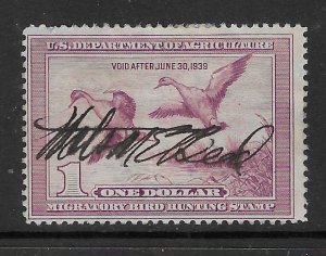 US #RW5 1938 $1 Federal Duck Stamp (U) light violet  CV$75.00