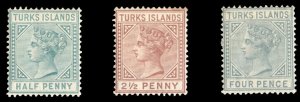 Turks Islands #48-50 Cat$100.50, 1882 1/2p-4p, three values, hinged, faint gu...