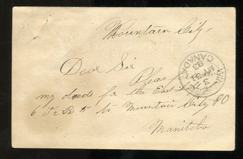 3519 - WINNIPEG 1883 Receiver on Postcard from MOUNTAIN CITY (Selkirk)