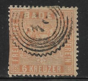 Baden - Scott #13 6Kr Red orange, Coat of Arms, Average - Used, SCV=$72.50