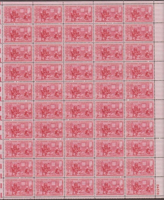 US,1004,BETSY ROSS,MNH VF, FULL SHEET,1950'S COLLECTION,MINT NH ,VF
