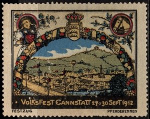 1912 Germany Poster Stamp Cannstatt Folk Festival 28-30 Sept Pageant Horse Race