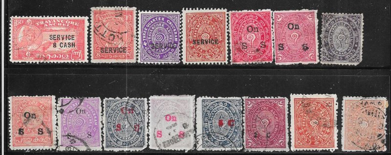 India- Travancore assortment of 15 officials  (U)