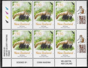 New Zealand #1912  $1.30 Red Panda margin block of 6  (MNH)  CV $12.00