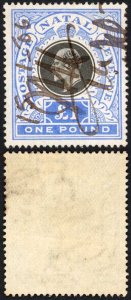 Natal SG142 One Pound Black and Bright Blue Fiscal Cancel