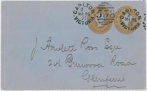 VICTORIA -  POSTAL HISTORY:  POSTAL STATIONERY COVER w/arrival cancelation 1895