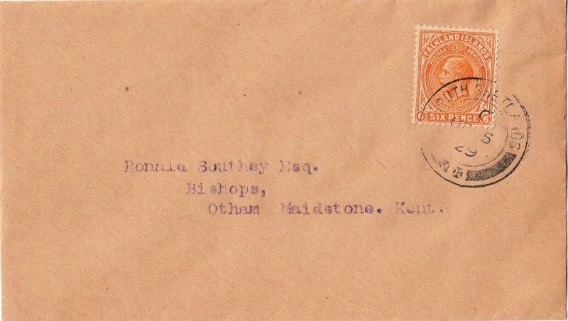 Falkland Islands 1919 KGV 6d Brown-Orange Cover South Shetlands to Kent