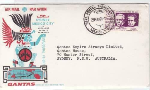qantas sydney to mexico city 1966  sealed air mail stamps cover ref r15397