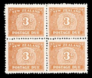 New Zealand #J29 Cat$60, 1945 3p brown orange, block of four, never hinged