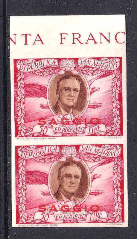 SAN MARINO C51F IMPERF PAIR €200 OG LH L/M SAGGIO OVERPRINTS (SPECIMEN) 