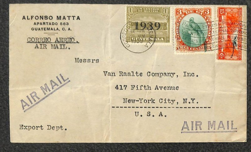 GUATEMALA #294 C56 & RA12 STAMPS NEW YORK AIRMAIL COVER 1939