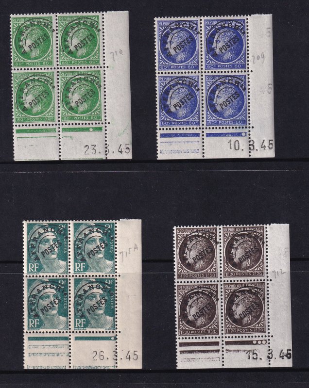 France 1945-47, CERES & MARIANNE Precancel corner date Blocks MNH # 528,30,33,36