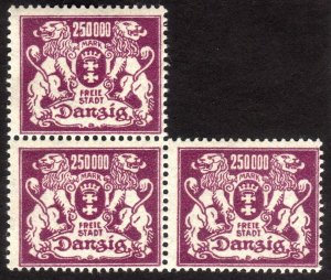 1923, Danzig, 250,000Mk, MNH, block of 3, Sc 134, Mi 156