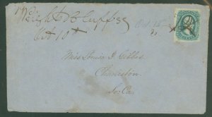 Confederate States 11 Small town Wrights Bluff SC Oct 10th manuscript ccl & stamp tied with 12 numeral cancel and X manuscri