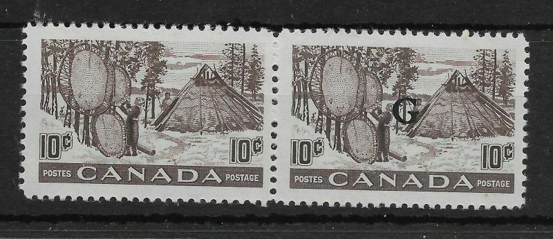 CANADA SGO191a 1950 10c BROWN-PURPLE OFFICIAL MISSING OVPT IN PAIR MTD MINT