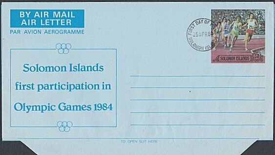SOLOMON IS 25c aerogramme - 1984 Olympic Games opt - First day cancel.......L160