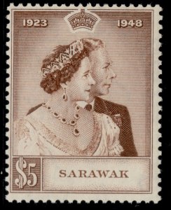 SARAWAK GVI SG166, $5 brown, NH MINT. Cat £48.