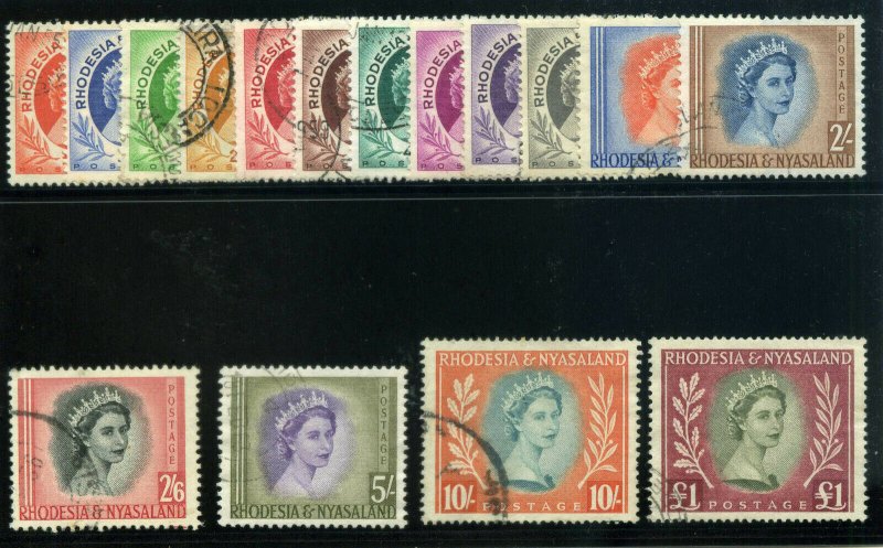 Rhodesia & Nyasaland 1954 QEII set complete very fine used. SG 1-15. Sc 141-155.