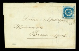 URUGUAY 1862 SUN  120c blue  Scott # 16 on cover from Montvideo to Buenos Aires