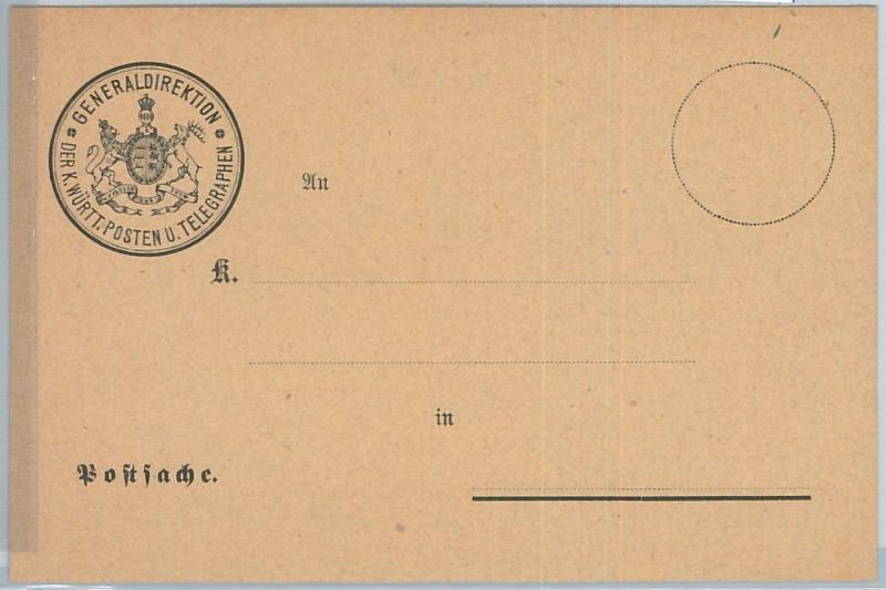 66745 - GERMANY Württemberg - Postal History - POSTAL STATIONERY Formular CARD