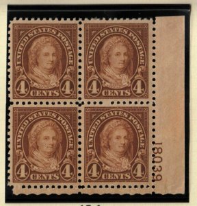 1927 Martha Washington 4c brown Sc 636 MNH with full OG, plate block of 4