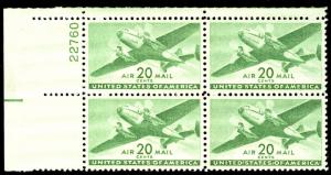 US #C29 20c Transport, Plate Block, VF/XF mint never hinged, A SELECT PLATE!