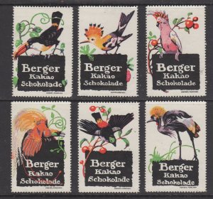 Germany - Complete Set of 6 Berger Cacao Advertising Stamps, Exotic Birds -MH OG