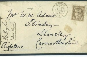 FRANCE Cover Used MONACO CASINO RECEIVER *A* GB WALES Llanelly 1875 F176a