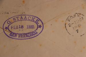 US flag cancel U318 entire 1897 San Francisco G. Staacke backstamp Studebaker DL