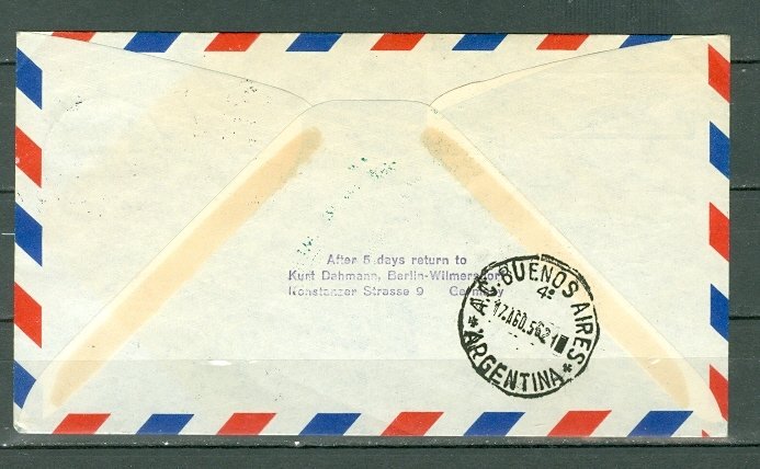 GERMANY BERLIN 1956 FIRST FLIGHT STATIONERY ENVELOPE(#9N127) + TO ARGENTINA