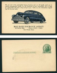 1940's Max Kaye Insurance Agency Fort Worth, Texas - Unused Postal Card