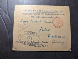 1919 England Prisoner of War POW Cover and Letter London to Lubeck Germany