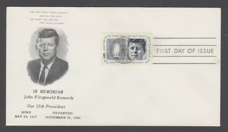 US Planty 1246-159 FDC. 1964 5c JFK, black printed cachet, unaddressed 