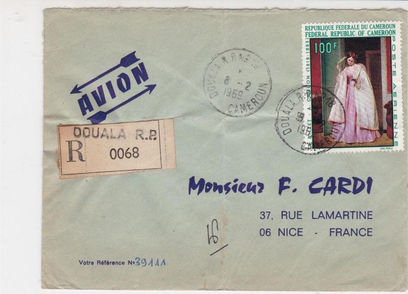 Rep Cameroun 1969 Regd Airmail Douala Cancels Le Billet Stamp Cover Ref 30673