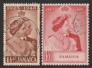 JAMAICA 1948 KGVI Silver Wedding set 1½d & £1.