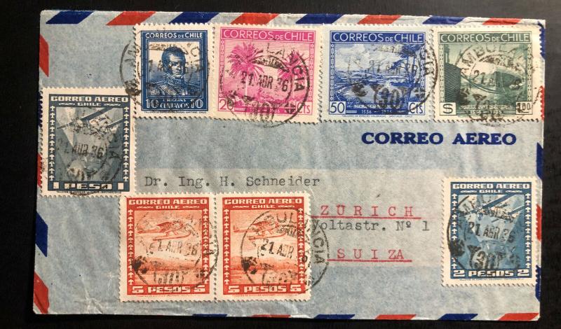 1936 Ambulant Post Office Chile Airmail Cover to Zurich Switzerland