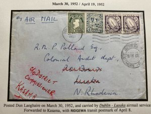 1952 Dun Loaghaire Ireland Airmail Cover To Lusaka Northern Rhodesia