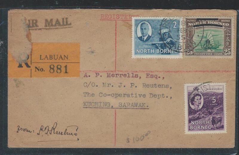 LABUAN (P2707B) 1955 NORTH BORNEO 20C+ KGVI 2C+QEII 5C REC TO SARAWAK