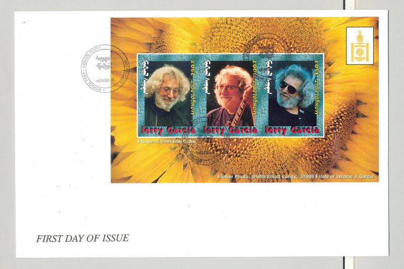 Mongolia #2385-2389 Jerry Garcia, Music 5v M/S of 3 on 5 FDC