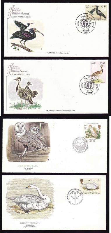 Flora & Fauna of the World #184-Birds-Owls-Swan-Ibis-four different FDCs with si