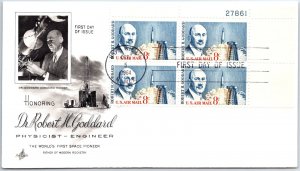 U.S. FIRST DAY COVER DR. ROBERT H. GODDARD FIRST SPACE PIONEER PLATE BLOCK (4)
